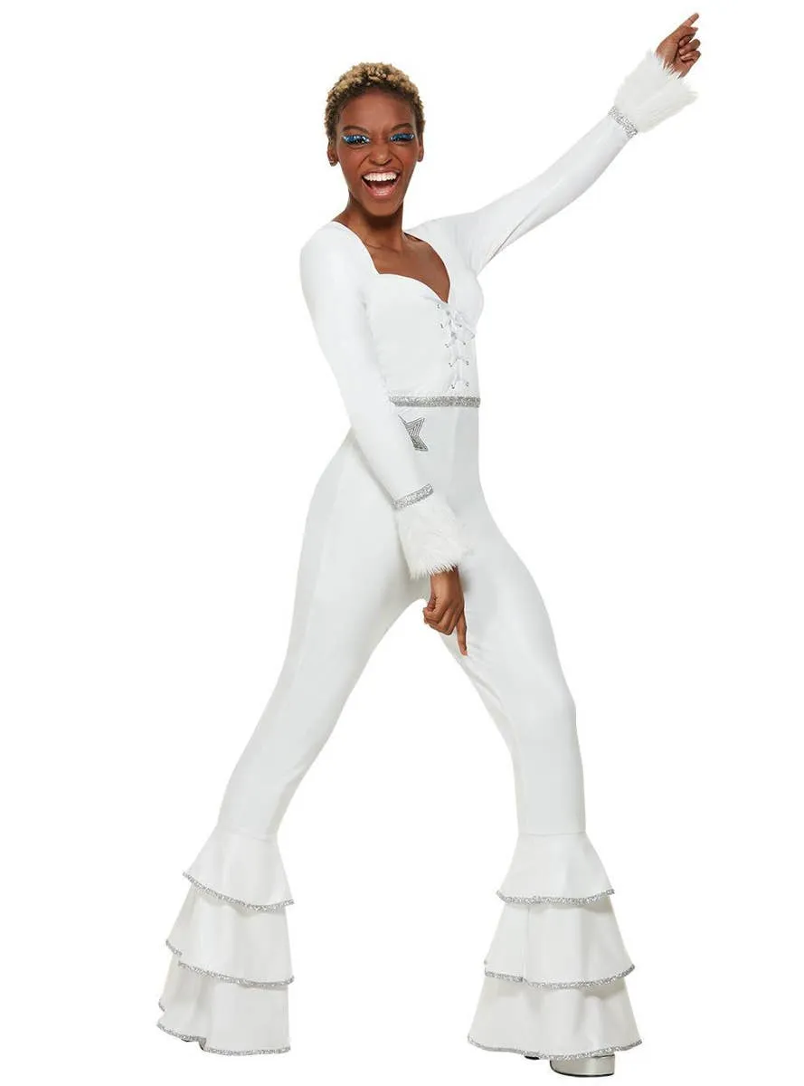 70s Glam Womens White Flare Jumpsuit Costume