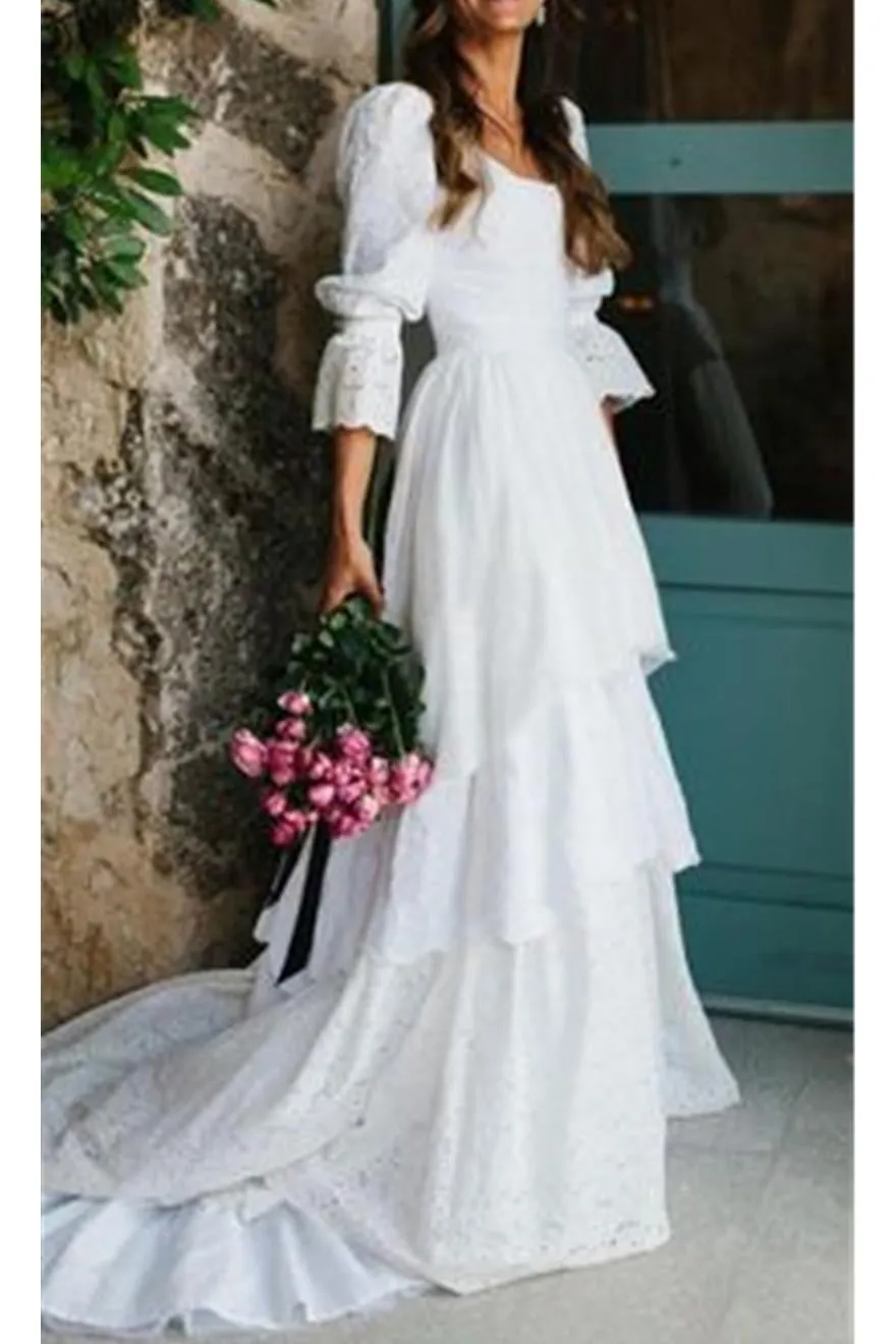 A Line 3/4 Sleeves Tiered Lace Wedding Dress with Train,  Long Bridal Gown UQW0110