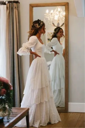 A Line 3/4 Sleeves Tiered Lace Wedding Dress with Train,  Long Bridal Gown UQW0110