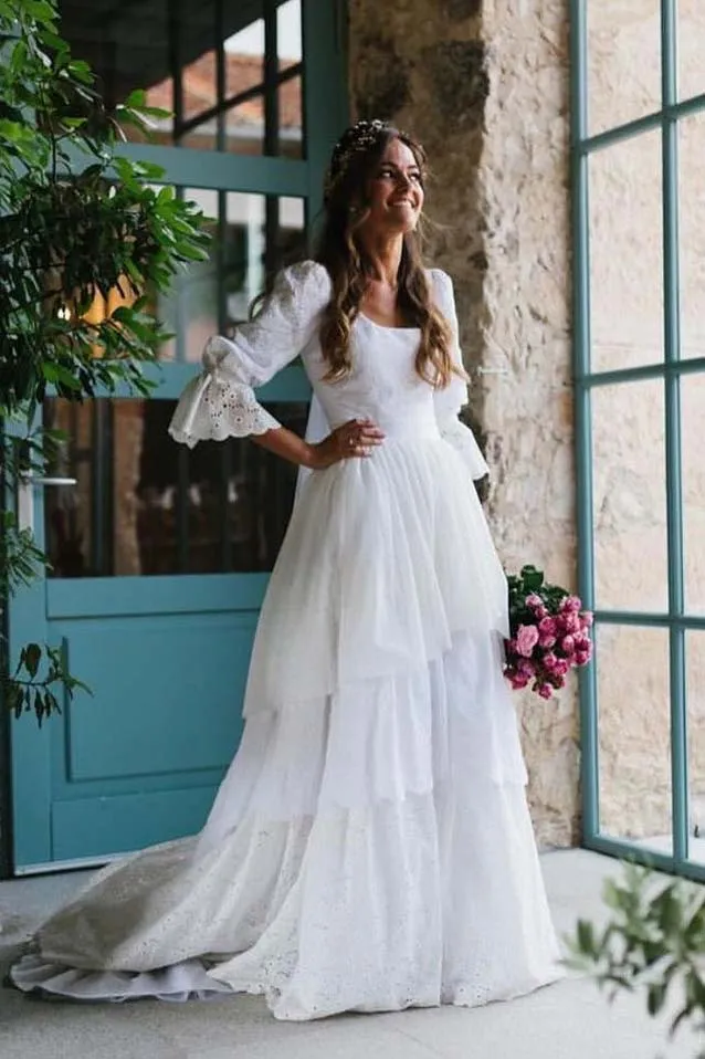 A Line 3/4 Sleeves Tiered Lace Wedding Dress with Train,  Long Bridal Gown UQW0110