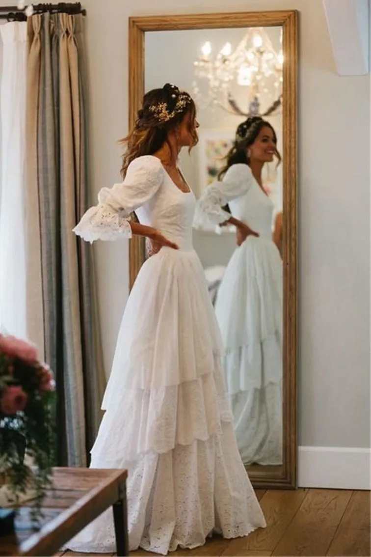 A Line 3/4 Sleeves Tiered Lace Wedding Dress with Train,  Long Bridal Gown UQW0110