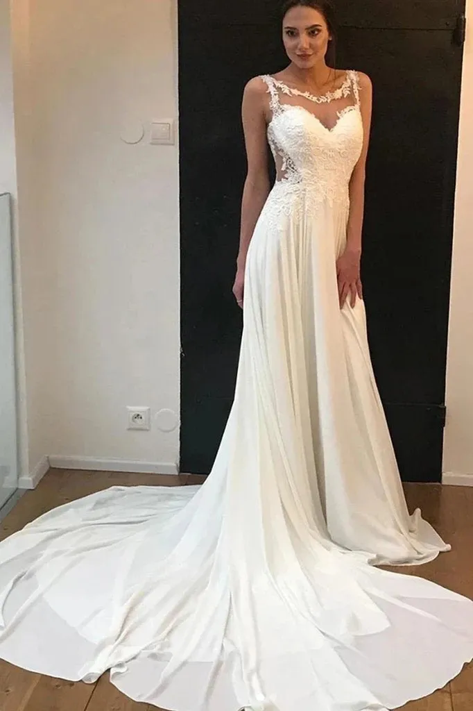 A Line Bateau Sleeveless Chiffon Prom Dress with Lace Appliques, Long Train Wedding Dress UQ2568