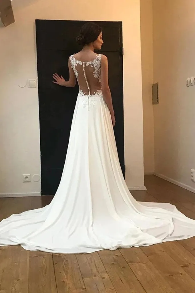 A Line Bateau Sleeveless Chiffon Prom Dress with Lace Appliques, Long Train Wedding Dress UQ2568