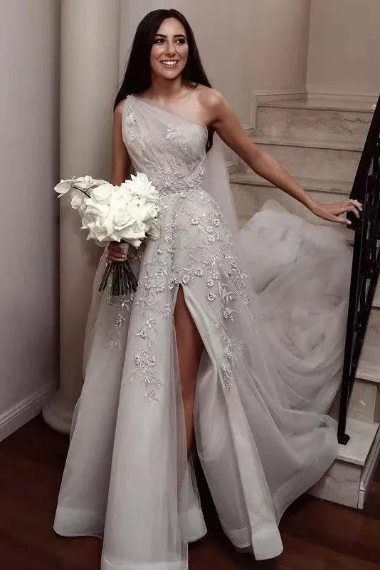 A Line One Shoulder Tulle Wedding Dress with Beading, Gorgeous Long Prom Gown UQW0132