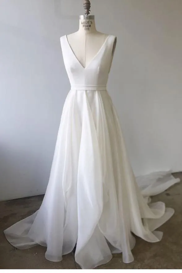 A-line V Neck Ivory Prom Dresses Wedding Dresses With Court Train  PM233