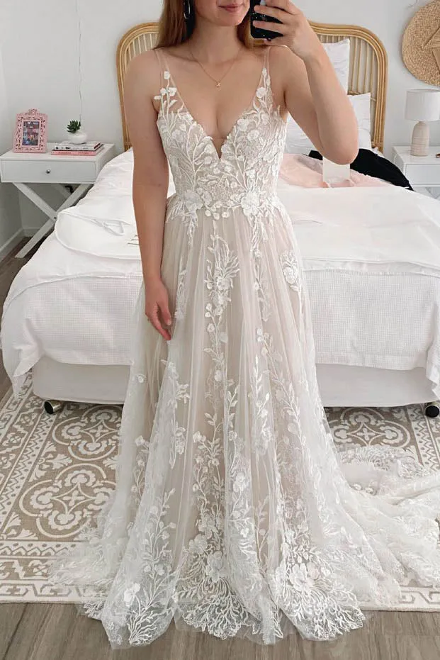 A-line V Neck Lace Appliques Tulle Long Wedding Dresses, Gorgeous Bridal Dress UQW0046