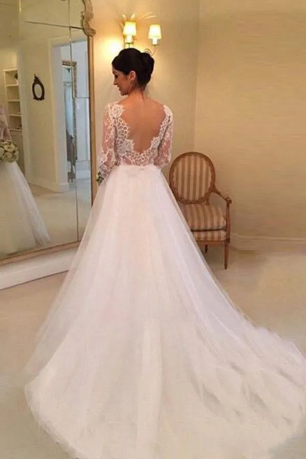 A-line V-neck Long Sleeves Court Train Tulle Wedding Dresses With Lace Appliques OK526