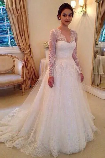 A-line V-neck Long Sleeves Court Train Tulle Wedding Dresses With Lace Appliques OK526