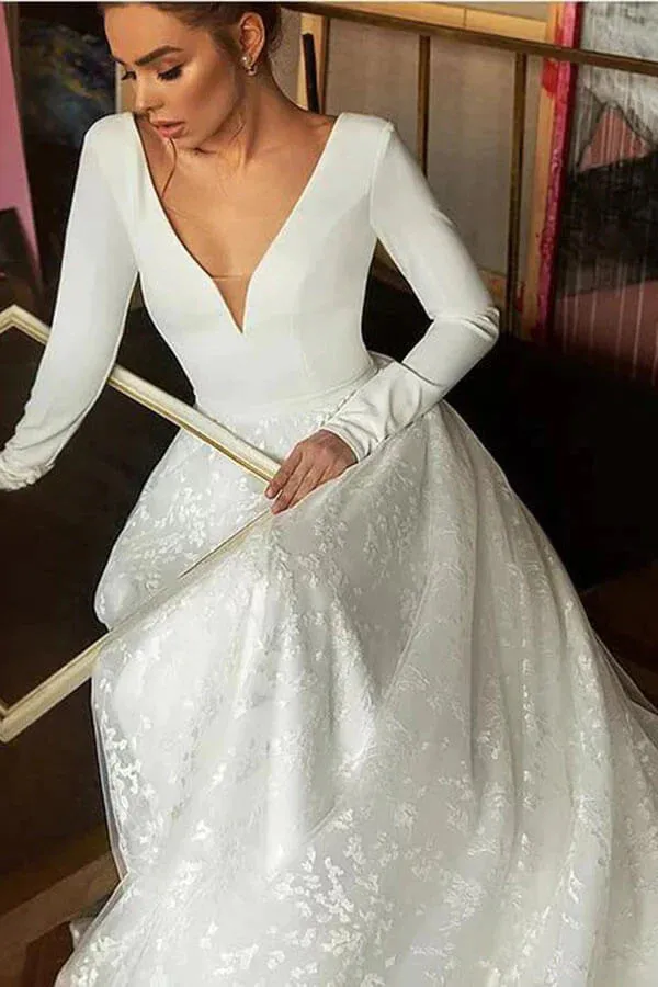 A-line V-neck Long Sleeves Wedding Dresses With Court Train, Bridal Gown OK1807