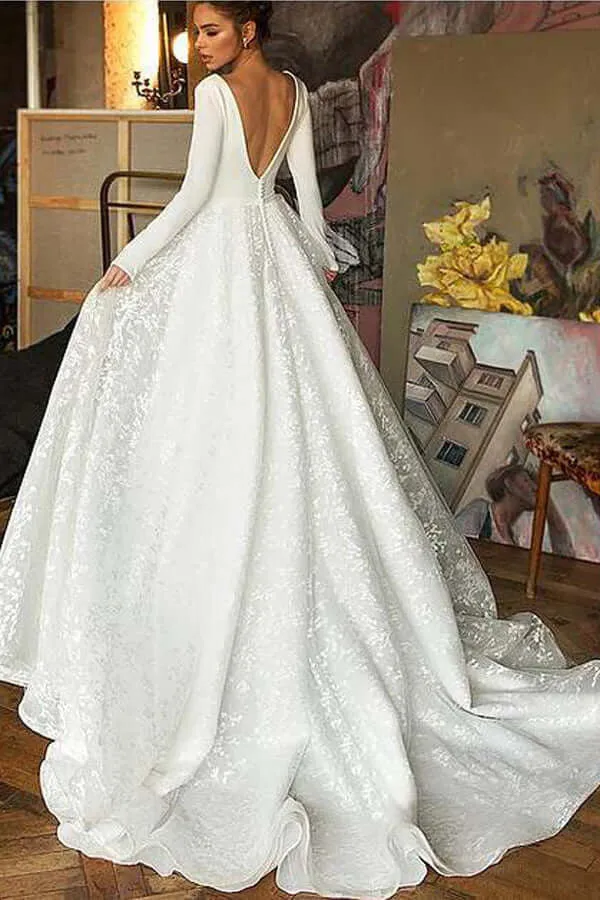 A-line V-neck Long Sleeves Wedding Dresses With Court Train, Bridal Gown OK1807