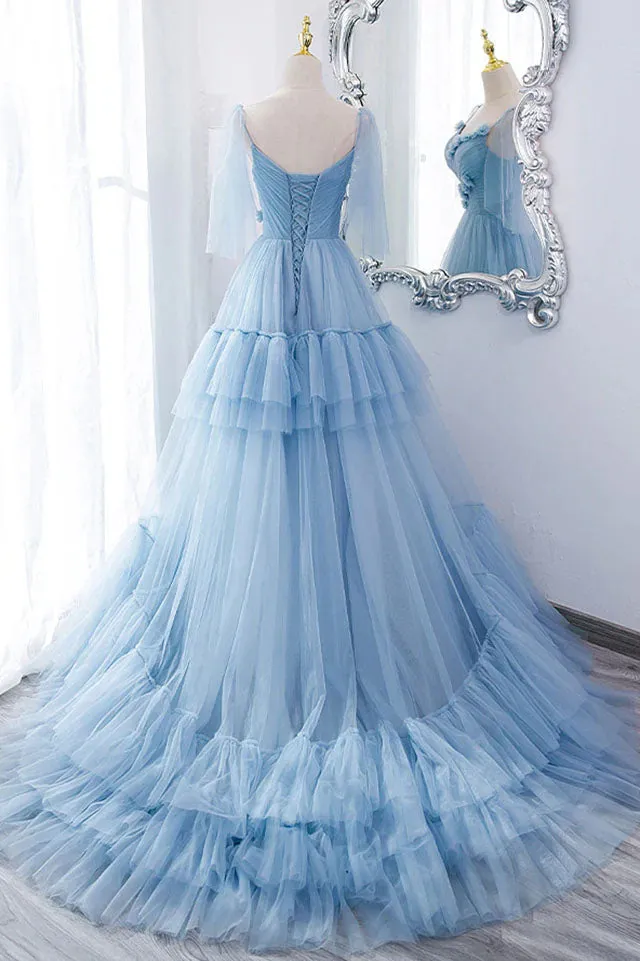 A Line V Neck New Style Tiered Long Tulle Prom Dress, Evening Gown with Flower UQP0187