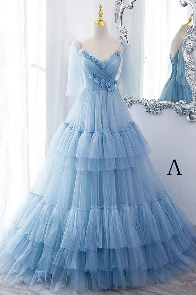 A Line V Neck New Style Tiered Long Tulle Prom Dress, Evening Gown with Flower UQP0187