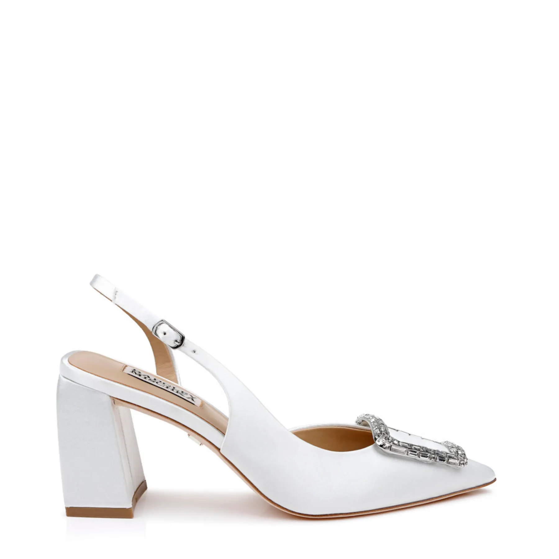 Adaline - Slingback Block Heels with Crystal Buckle - White