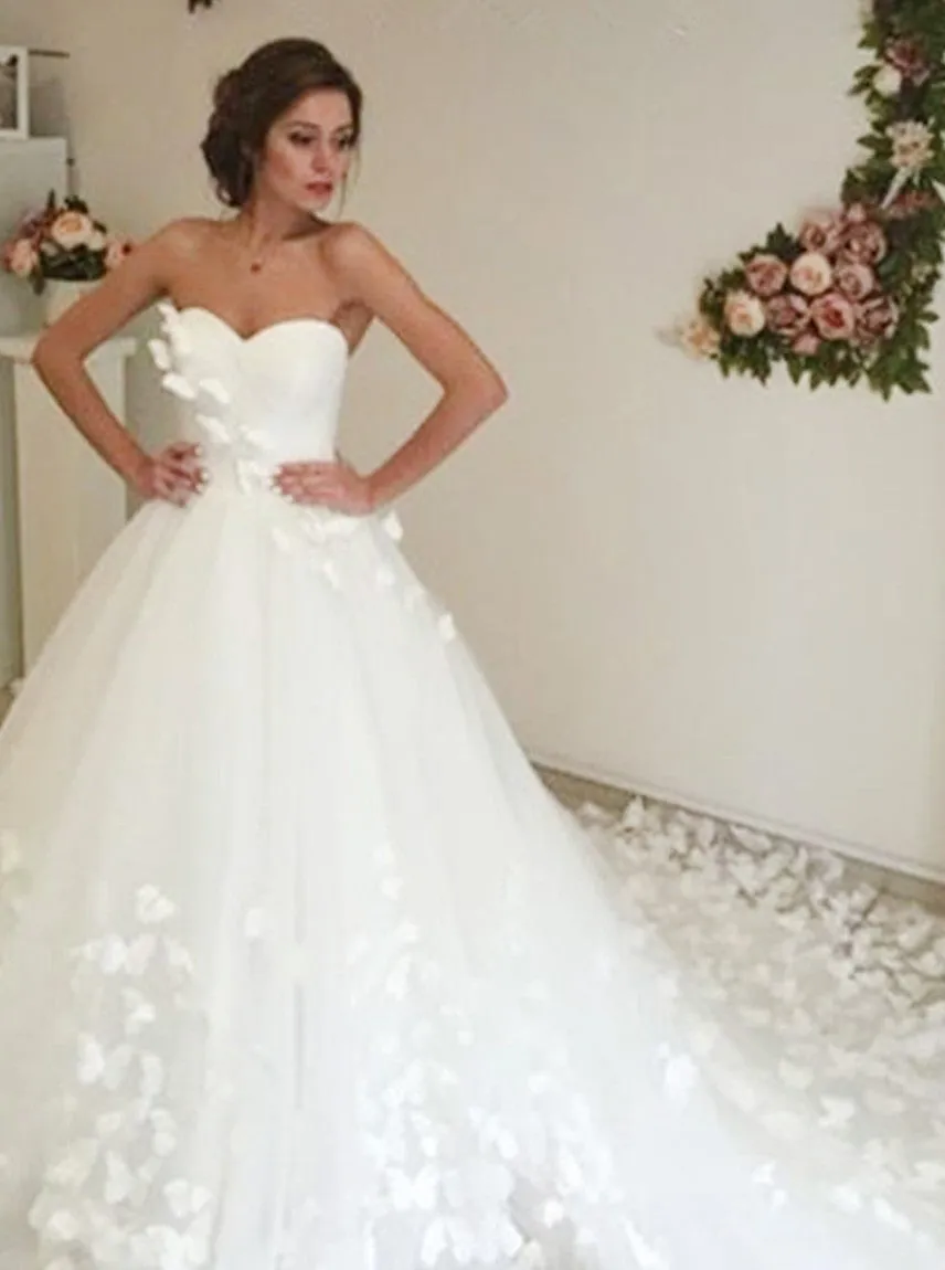 Adorable Sweetheart Tulle A Line Court Train Off White Wedding Dresses with Flower OKB07