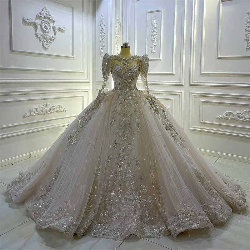 AM1136 Detachable Cap Sleeve Champagne Ball Gown Luxury Wedding Dress