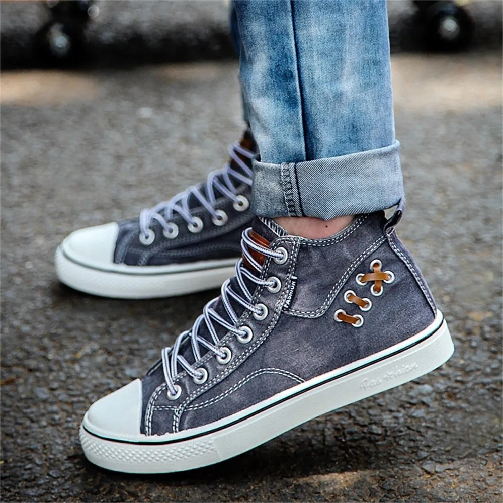 Amozae-  High Top Canvas Sneakers Women 2024 Autumn Classic Denim Fabric Ladies Round Toe Lace Up Casual Flats Running Walking Sport Shoe AA15