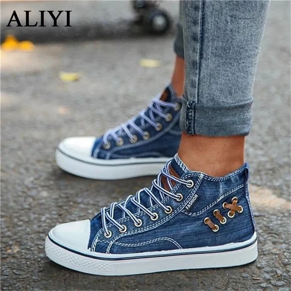 Amozae-  High Top Canvas Sneakers Women 2024 Autumn Classic Denim Fabric Ladies Round Toe Lace Up Casual Flats Running Walking Sport Shoe AA15