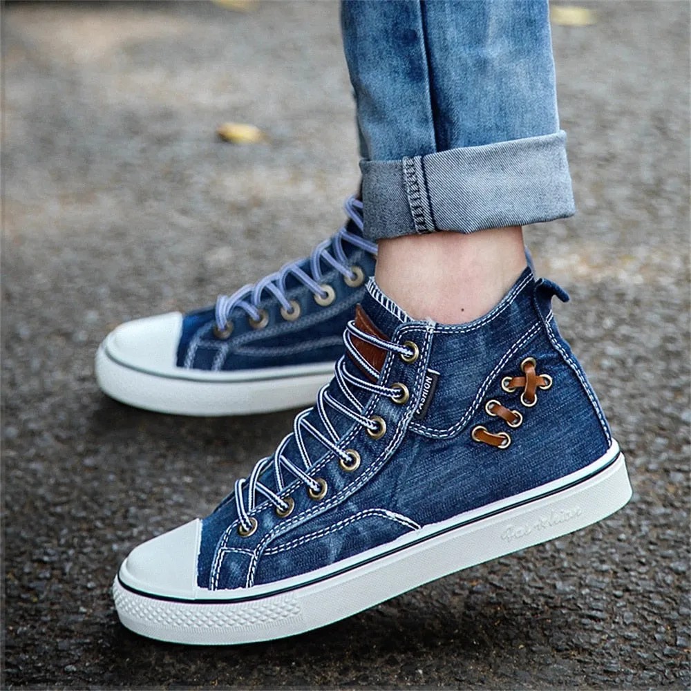 Amozae-  High Top Canvas Sneakers Women 2024 Autumn Classic Denim Fabric Ladies Round Toe Lace Up Casual Flats Running Walking Sport Shoe AA15