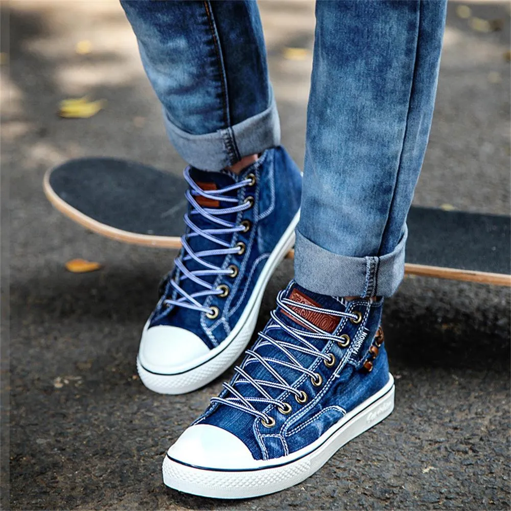 Amozae-  High Top Canvas Sneakers Women 2024 Autumn Classic Denim Fabric Ladies Round Toe Lace Up Casual Flats Running Walking Sport Shoe AA15