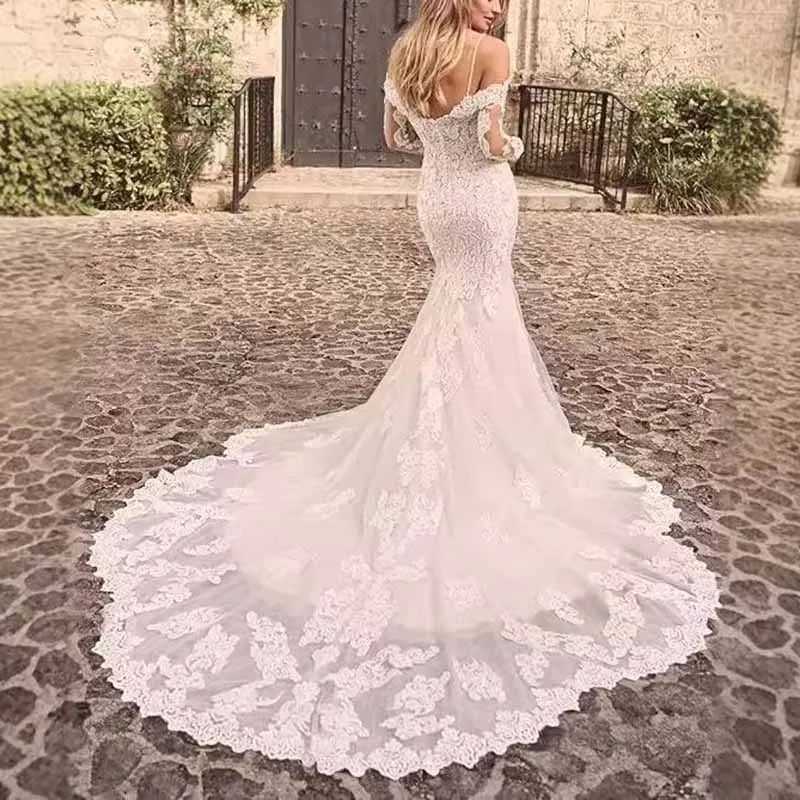 Appliques Lace Bride Gown Long Sleeves Off Shoulder Mermaid Wedding Dress