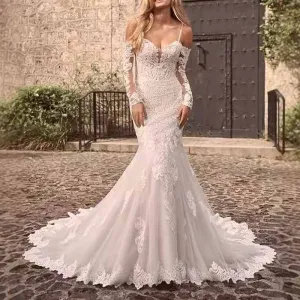 Appliques Lace Bride Gown Long Sleeves Off Shoulder Mermaid Wedding Dress