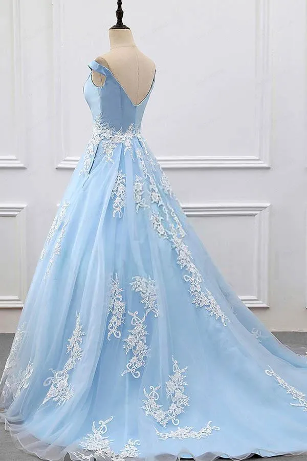 Ball Gown Off-the-Shoulder Court Train Blue Tulle Prom Dress  PG483