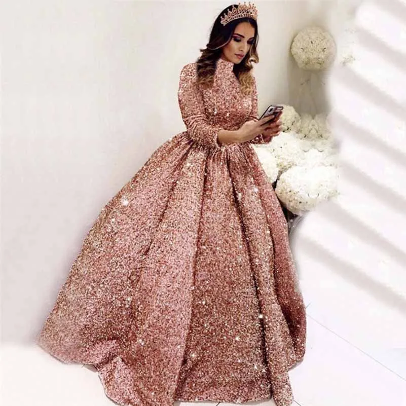 Ball Gown Sequins Ruffles Halter Long Sleeves Floor-Length Stand Collar Ball Dresses