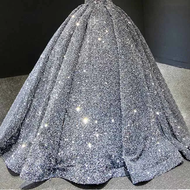 Ball Gown Sequins Ruffles Halter Long Sleeves Floor-Length Stand Collar Ball Dresses