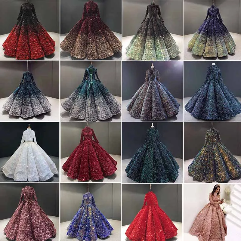 Ball Gown Sequins Ruffles Halter Long Sleeves Floor-Length Stand Collar Ball Dresses