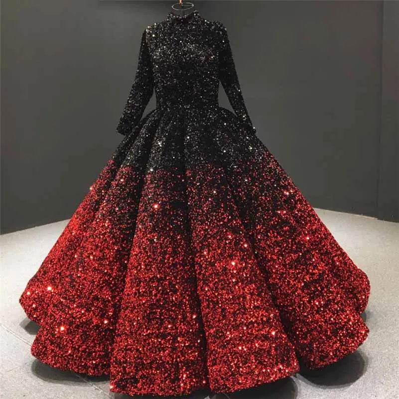 Ball Gown Sequins Ruffles Halter Long Sleeves Floor-Length Stand Collar Ball Dresses