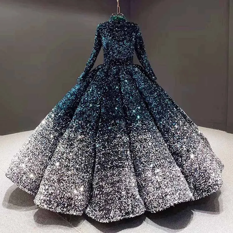 Ball Gown Sequins Ruffles Halter Long Sleeves Floor-Length Stand Collar Ball Dresses