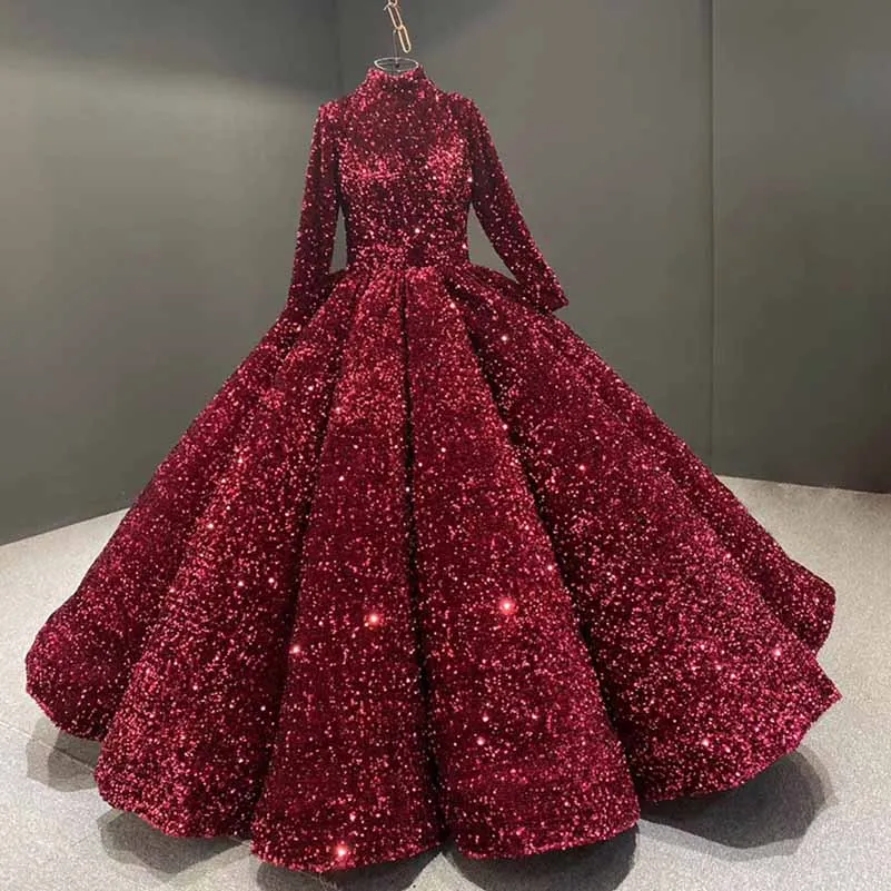 Ball Gown Sequins Ruffles Halter Long Sleeves Floor-Length Stand Collar Ball Dresses