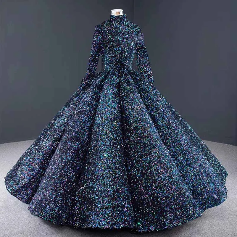 Ball Gown Sequins Ruffles Halter Long Sleeves Floor-Length Stand Collar Ball Dresses