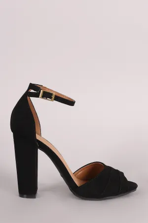 Bamboo Suede Pleated Ankle Strap Chunky Heel