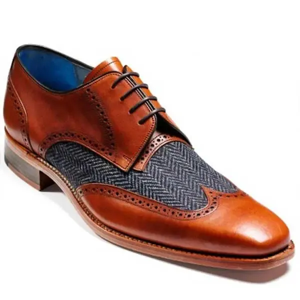 BARKER Jackson Shoes - Mens Derby - Cedar Calf & Blue Harris Tweed