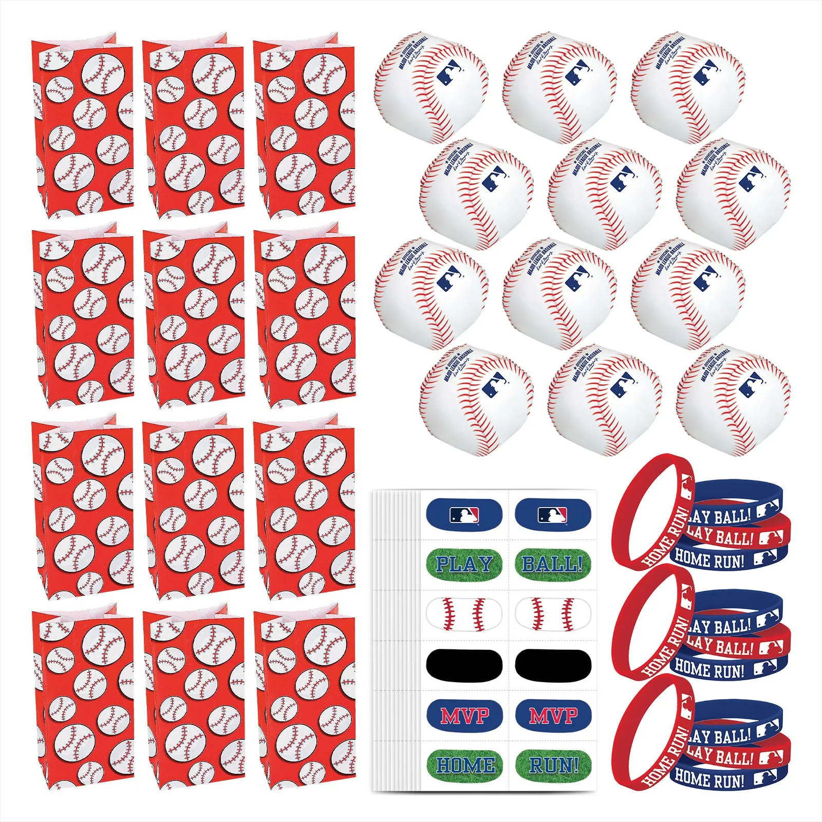 Baseball Party Favors - Goody Bags, Foam Baseballs, Face Tattoos, and Rubber Bracelets for 12 Guests