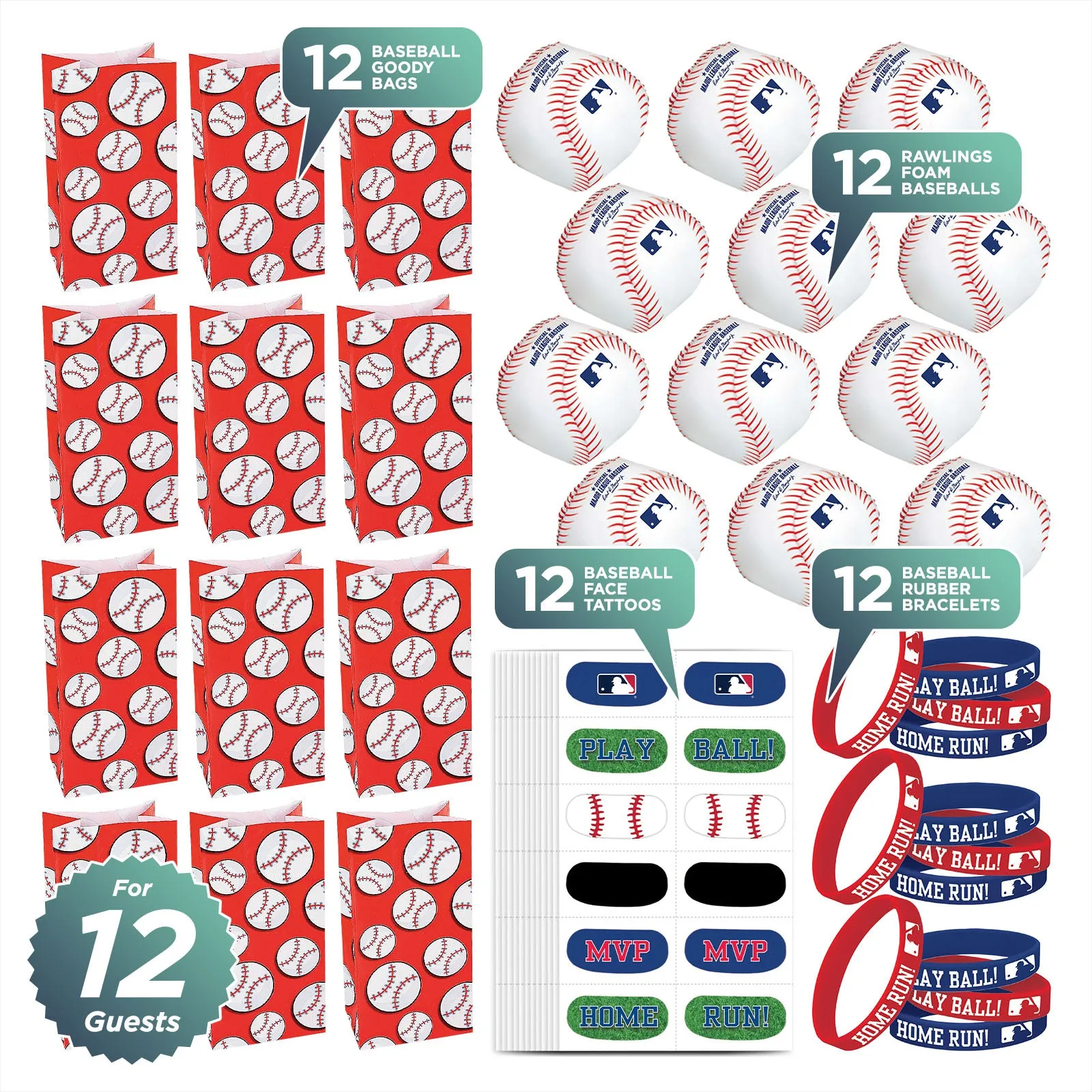 Baseball Party Favors - Goody Bags, Foam Baseballs, Face Tattoos, and Rubber Bracelets for 12 Guests