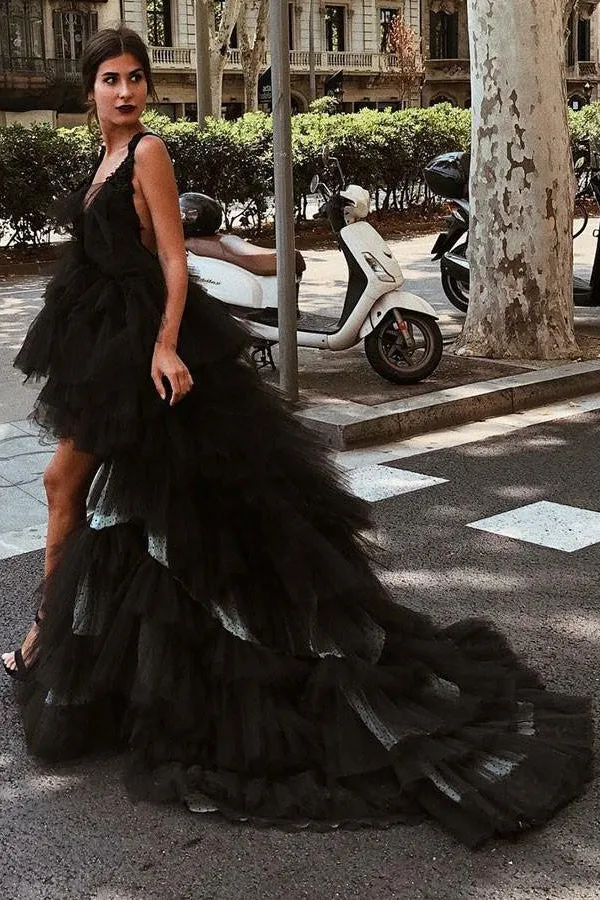 Beautiful A-Line V-Neck High Low Backless Black Tulle Prom Dress OKG98