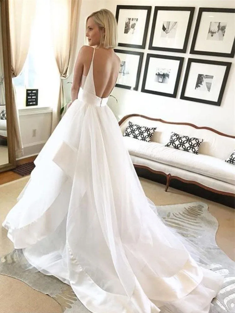 Beautiful Ball Gown V-Neck Spaghetti Straps Backless Long Wedding Dress with Train OKE23