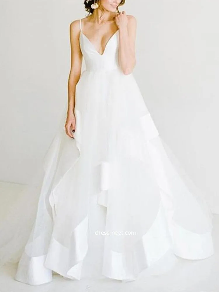 Beautiful Ball Gown V-Neck Spaghetti Straps Backless Long Wedding Dress with Train OKE23