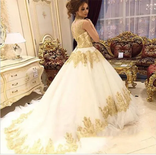 Beautiful Long Train High Neck Romantic Gold Appliques Wedding Dress OKE96