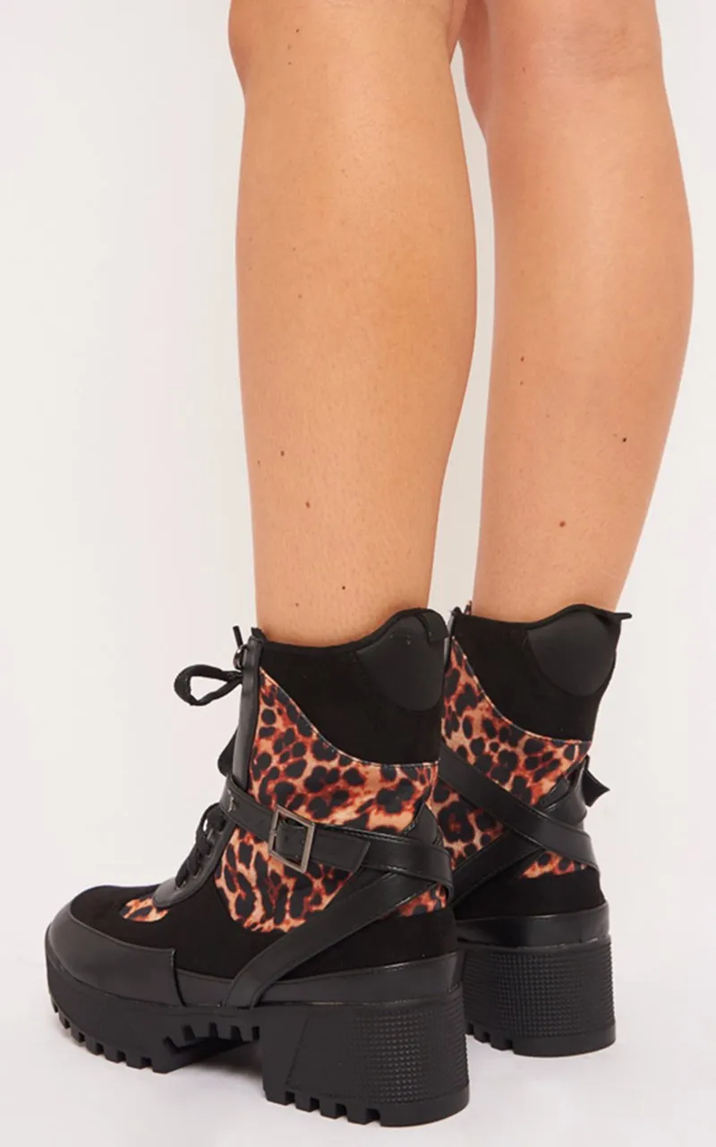 Black Leopard Military Buckle Boots - Jacara