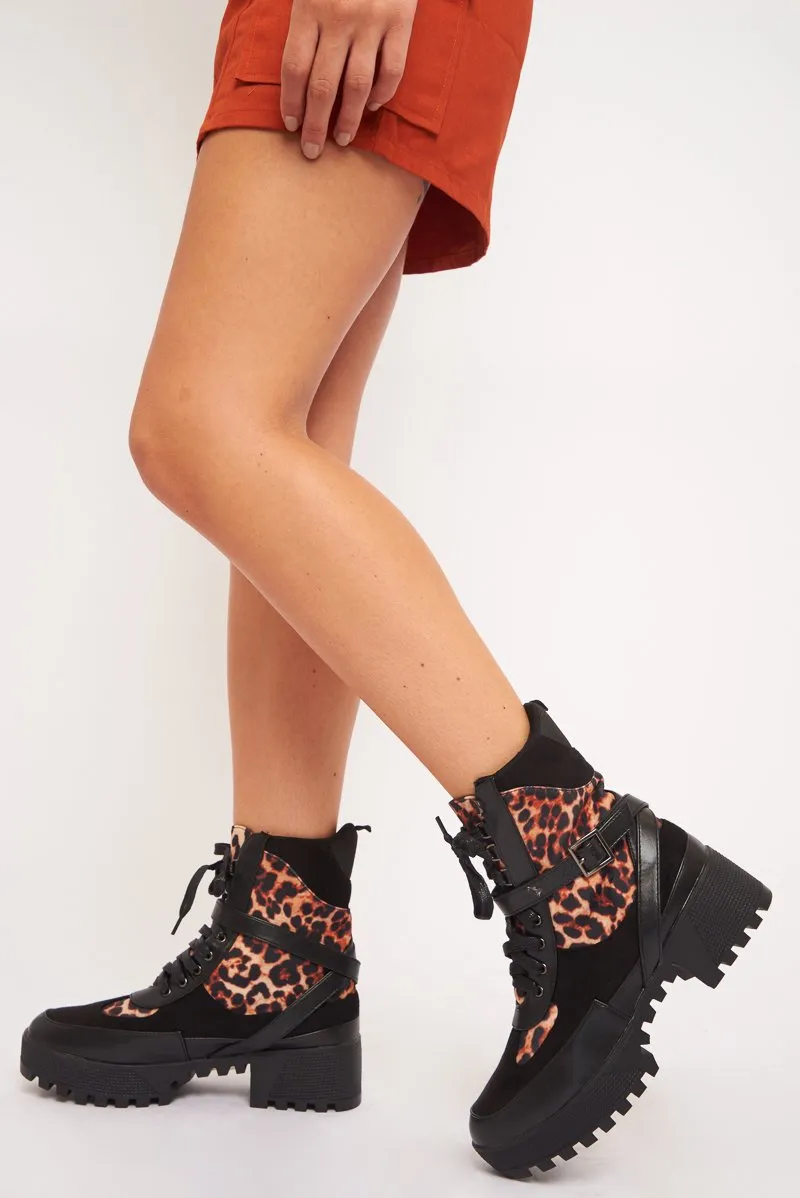 Black Leopard Military Buckle Boots - Jacara