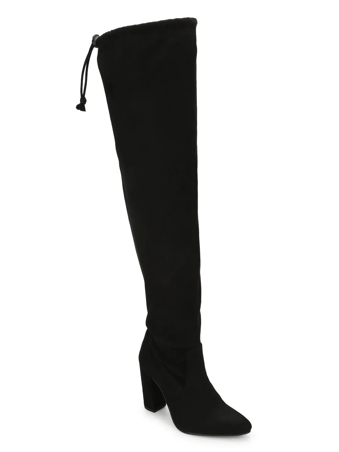 Black Suede Block Heel Thigh High Boots (ST-1179)