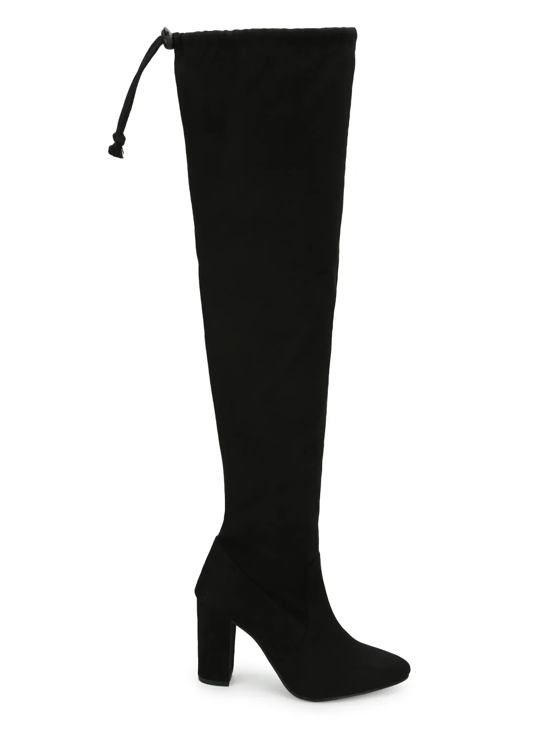 Black Suede Block Heel Thigh High Boots (ST-1179)