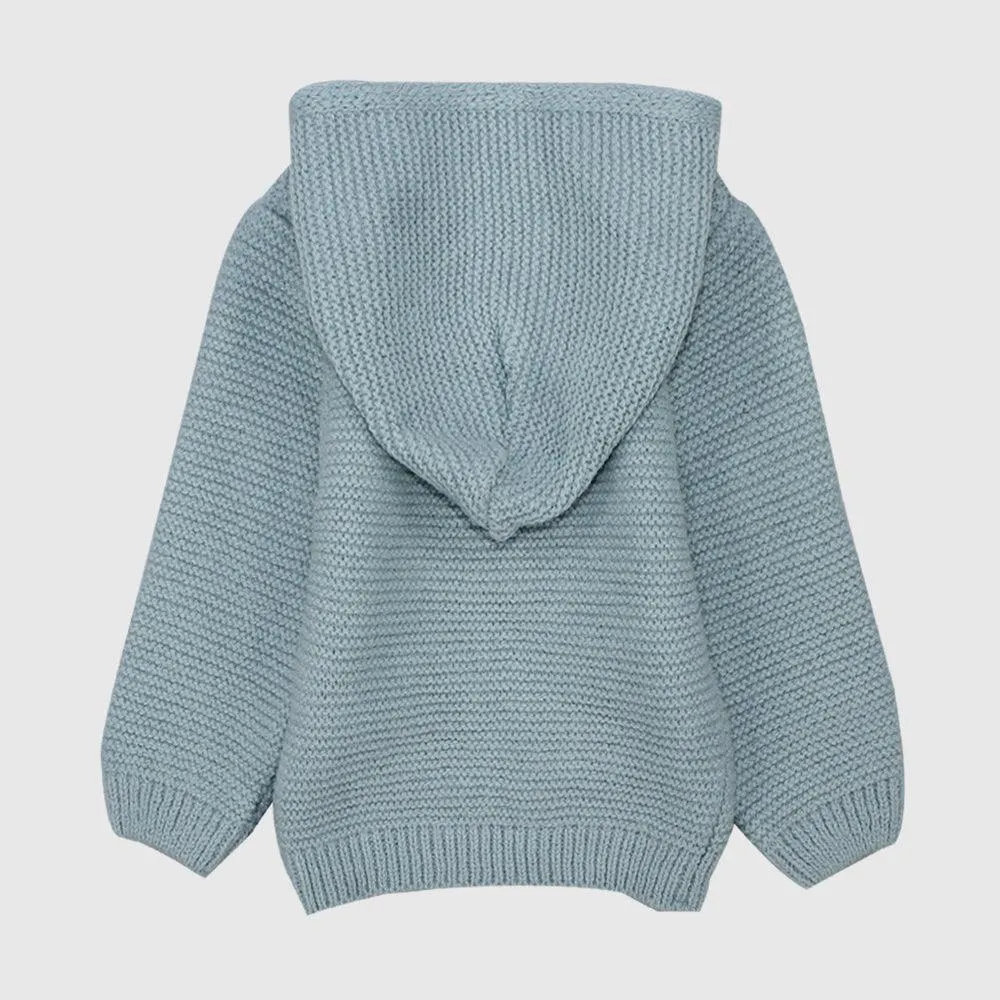 Blue Long-Sleeved Hooded Knit Jacket