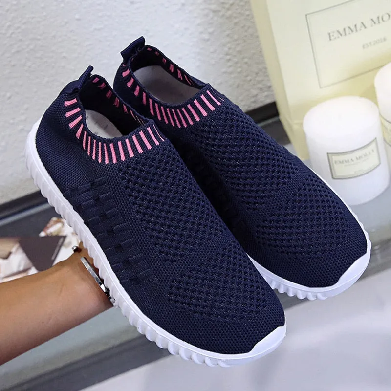 Breathable Mesh Sneakers Summer Slip on Soft Bottom Running Shoes Woman Plus Size Elastic Knit Casual Flats