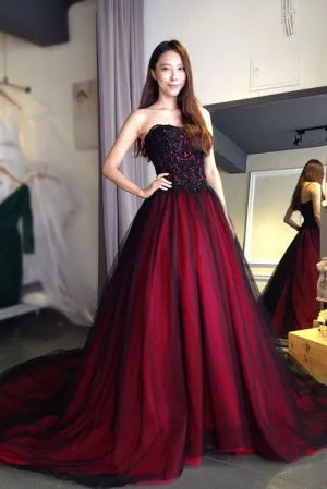 Burgundy Lace Tulle A Line Strapless Long Prom Dresses OK947