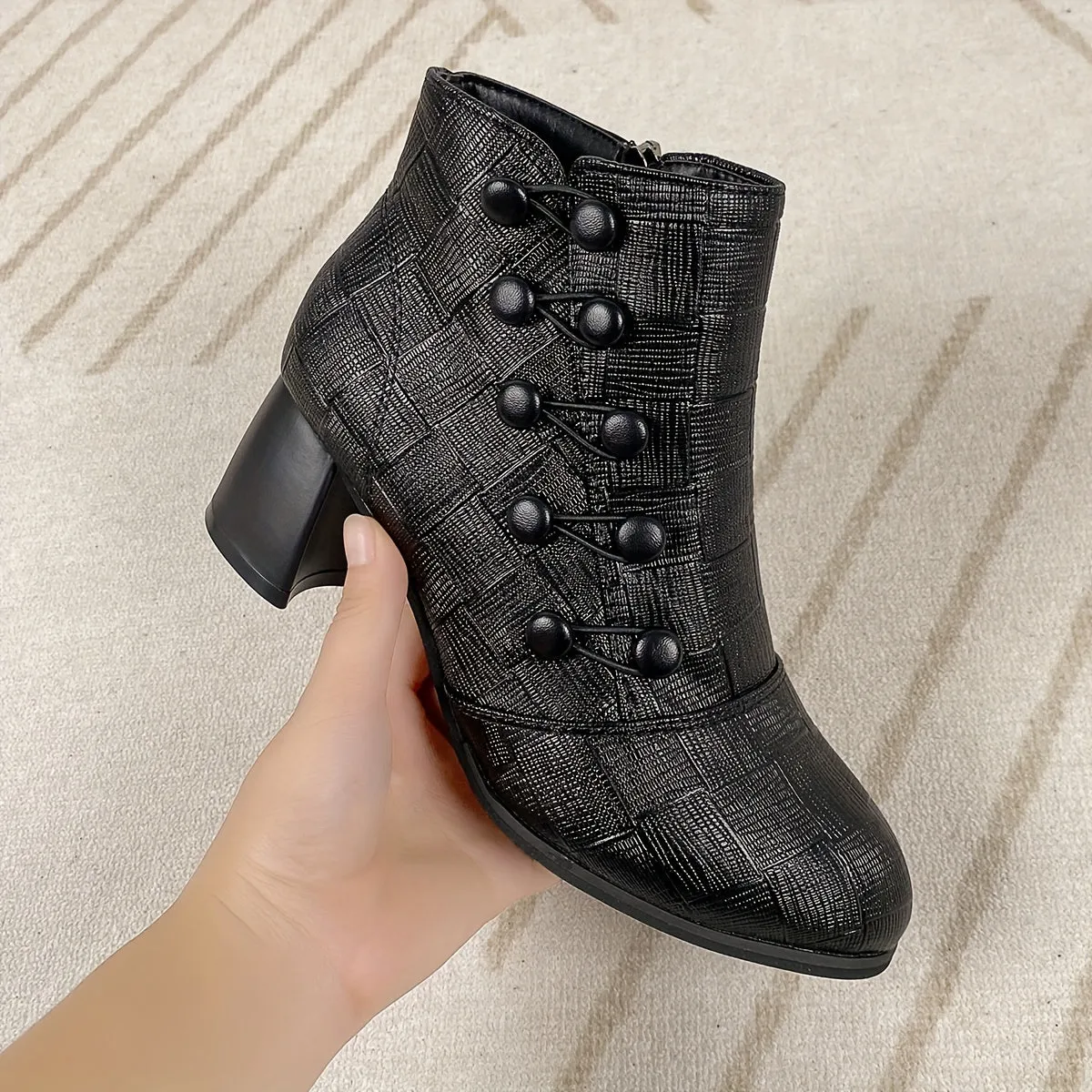 Chunky Heeled PU Zipper Leather Slip-On Winter Boots With Button Decor