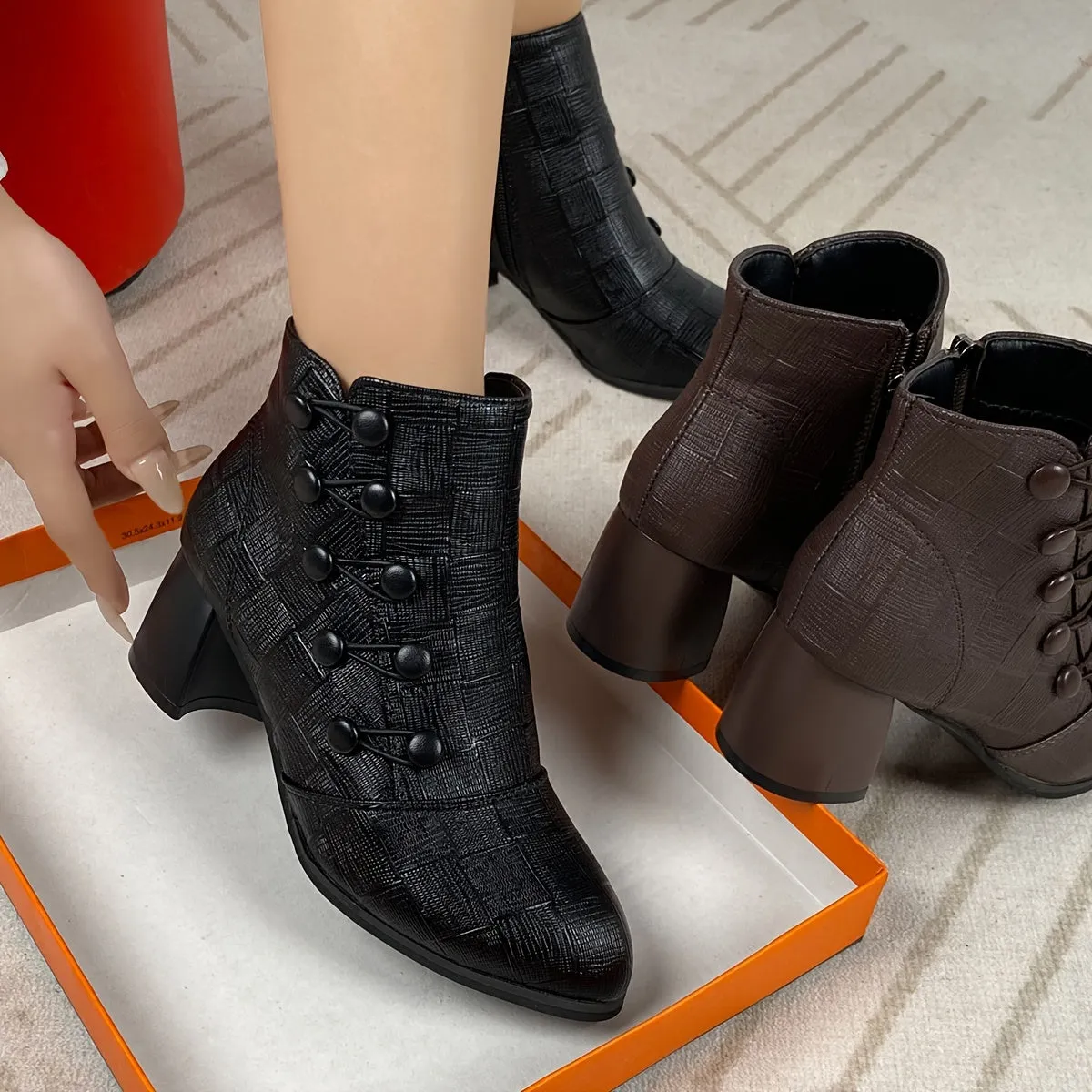 Chunky Heeled PU Zipper Leather Slip-On Winter Boots With Button Decor